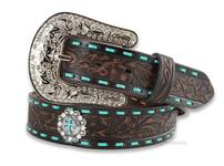 Ladies` Nocona Turquoise Stitched Cross Concho Leather Cowgirl Belt