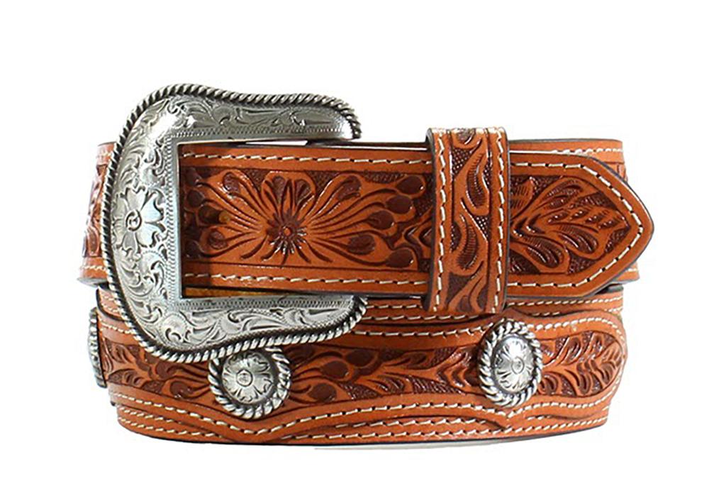 3D Tooled Leather Belt With HairOn Inset Boys Belt