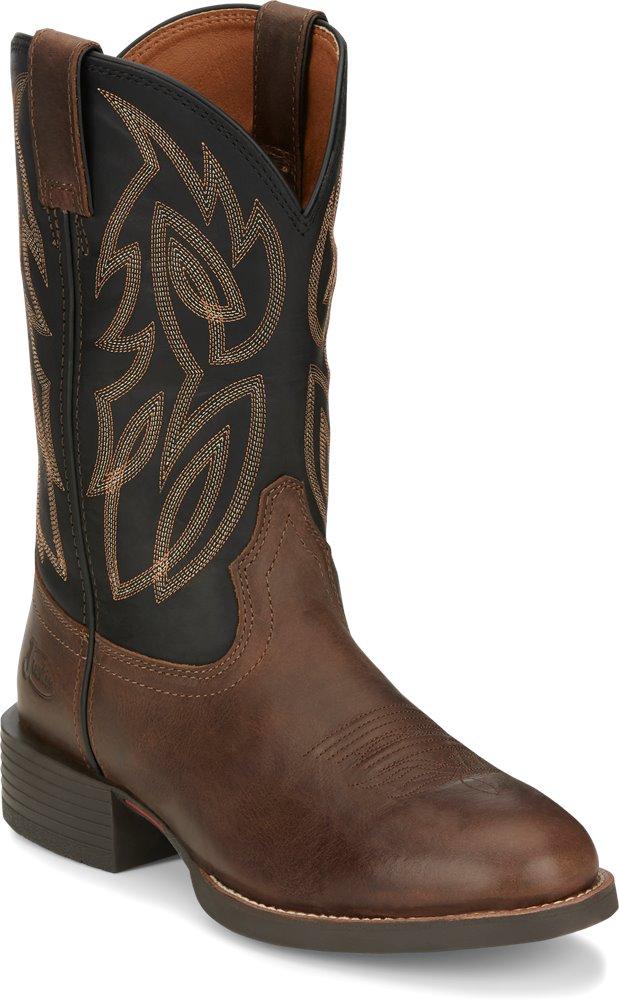 Justin Rendon Pecan Wide Round Toe Stampede Rubber Sole Western Boot