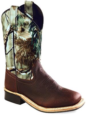 Old West Kids Brown with Camo Top Square Toe Western Boot