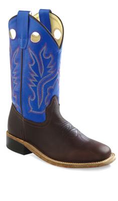 Kids Old West Blue Leather Sole Square Toe Cowboy Boot
