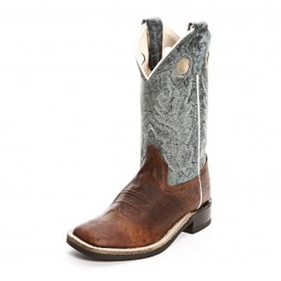 Old West Brown  Snuffed Blue Kids Square Toe Cowboy Boot