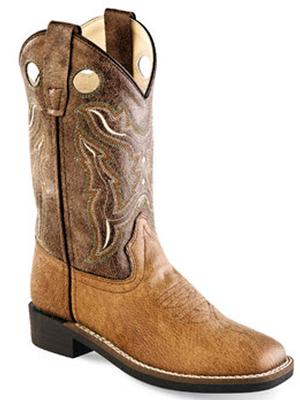 Old West Faux Leather Vintage Tan Square Toe Kids Cowboy Boots