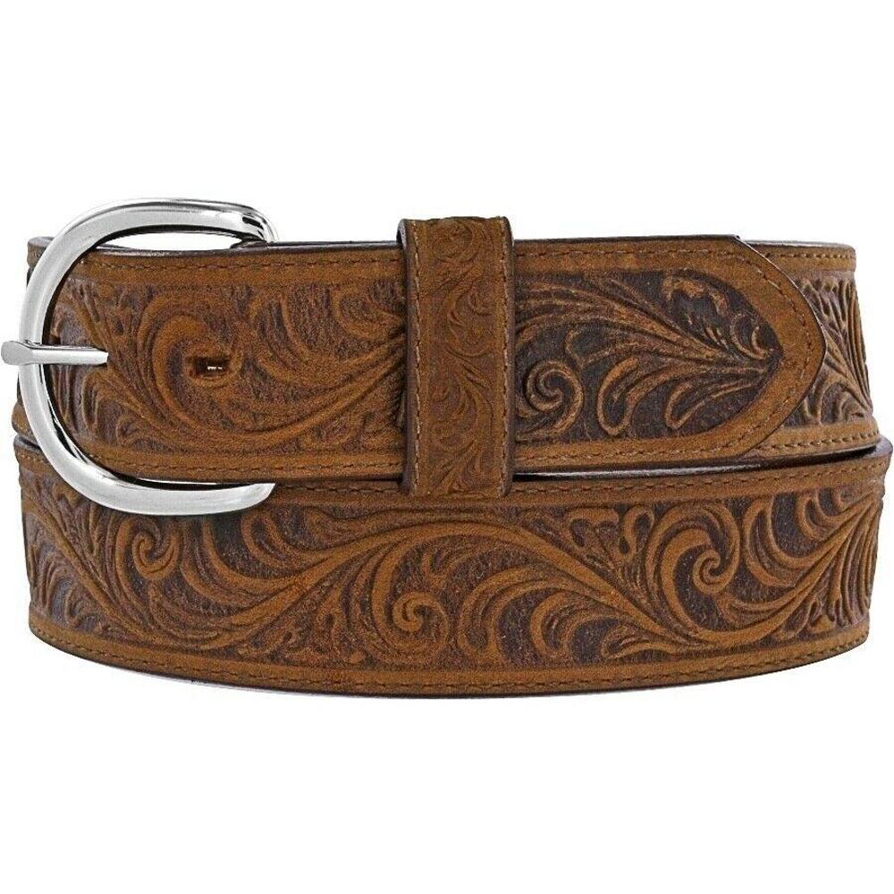 Mens USA Made Justin Western Scroll Tooled Leather Belt