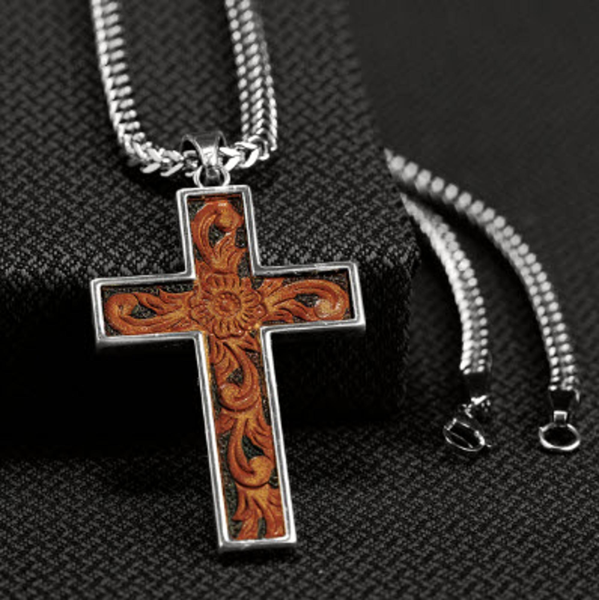 Twister Men`s Tooled Leather & Silver Cross Necklace