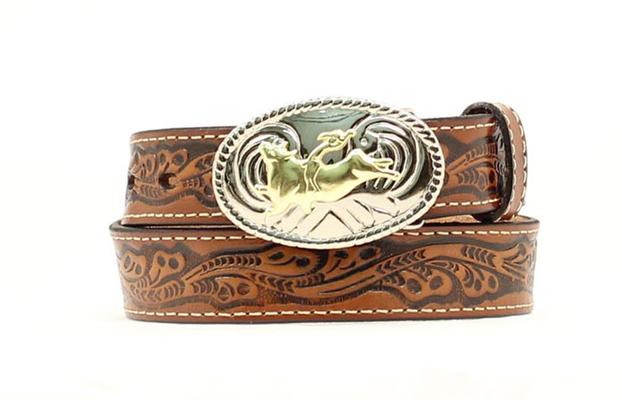 Boys Brown Tooled Leather Belt with Bullrider Buckle