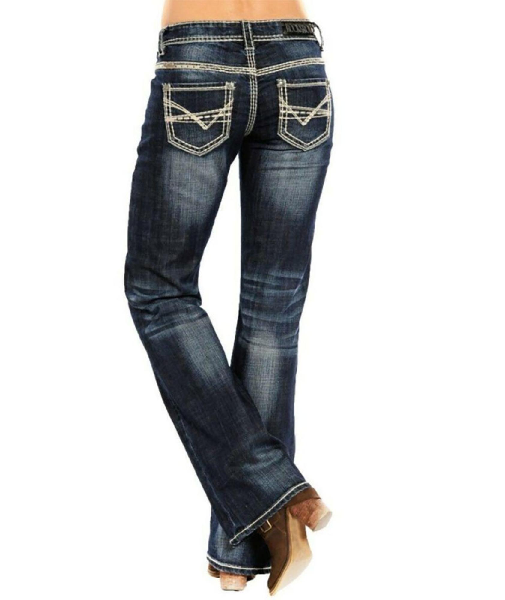 Womens Rock & Roll Cowgirl Boot-Cut Riding-Fit Dark Vintage Wash Jeans