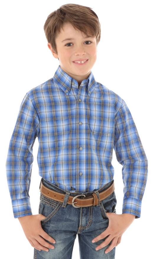 Boys' Wrangler Blue Plaid Button Value Shirt | Renegade Stores