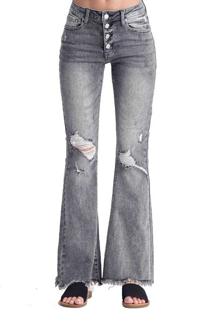 Risen MidRise Button Fly Distressed Flare Grey Jean