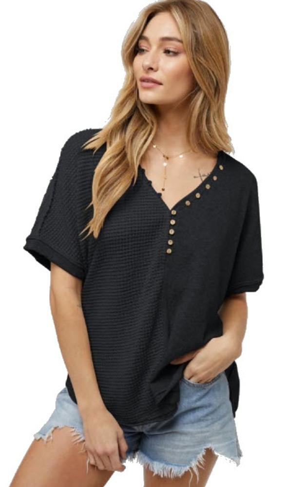 Solid Knit Button VNeck Knit Top