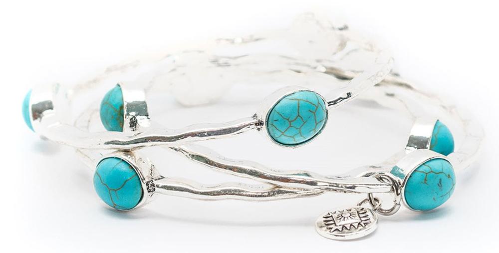 Burnished Silver Bangles with Turquoise Bracelet