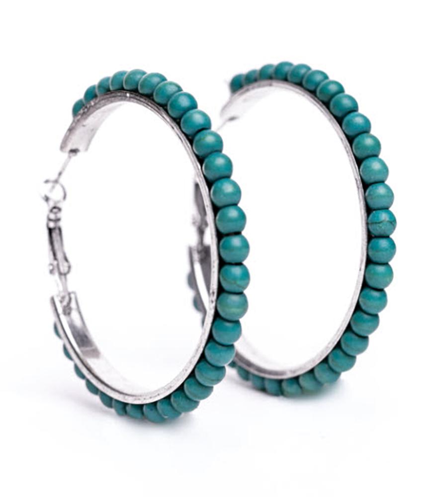 3 Inch Silver Hoop Earring with Turquoise beaded Accent on Fishhook