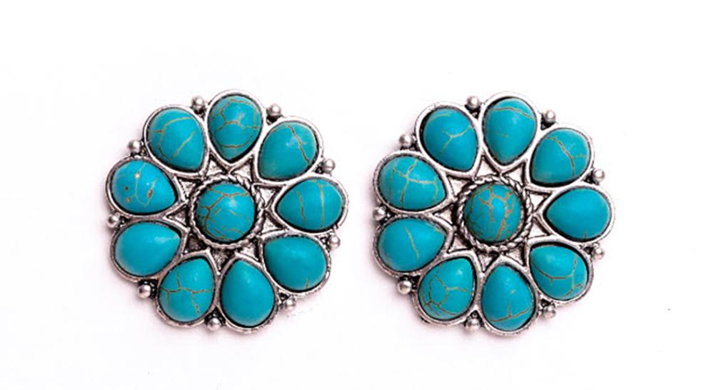 Burnished Silver and Turquoise Flower Stud Earring