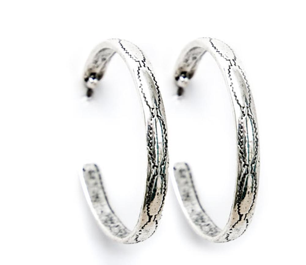Silver Aztec Stamped Hoop Earrings
