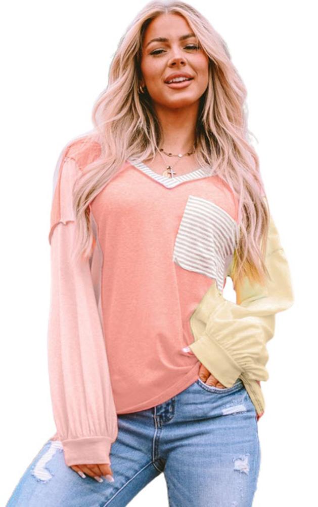 Rose Striped Color Block Splicing Long Sleeve T Shirt