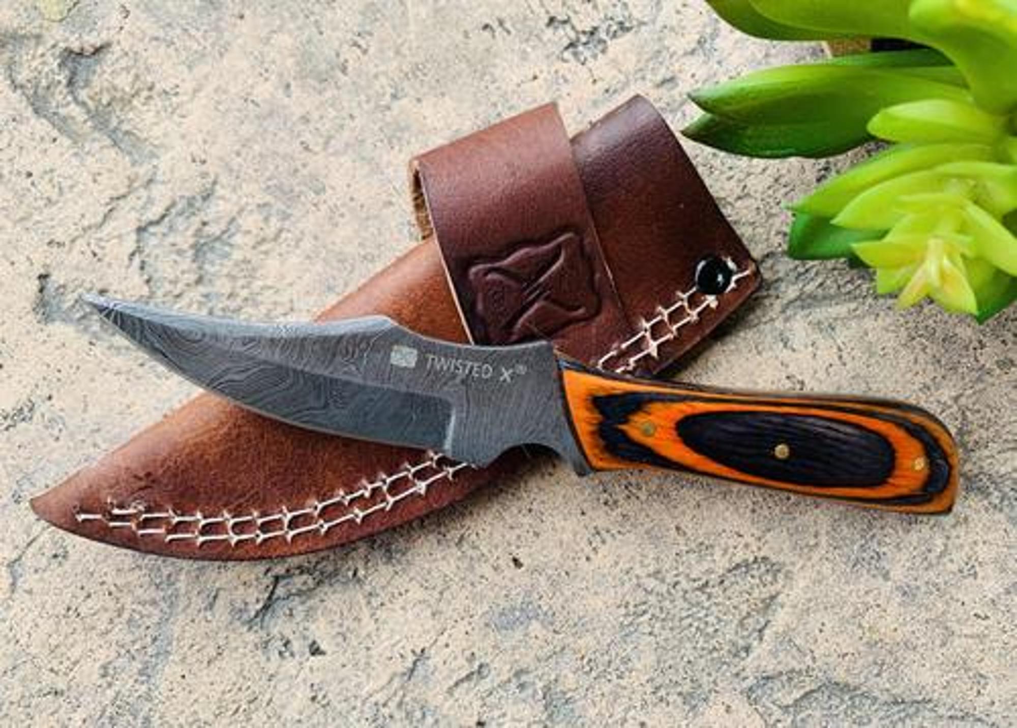 Twisted X Damascus Straight Knife with Leather Sheath