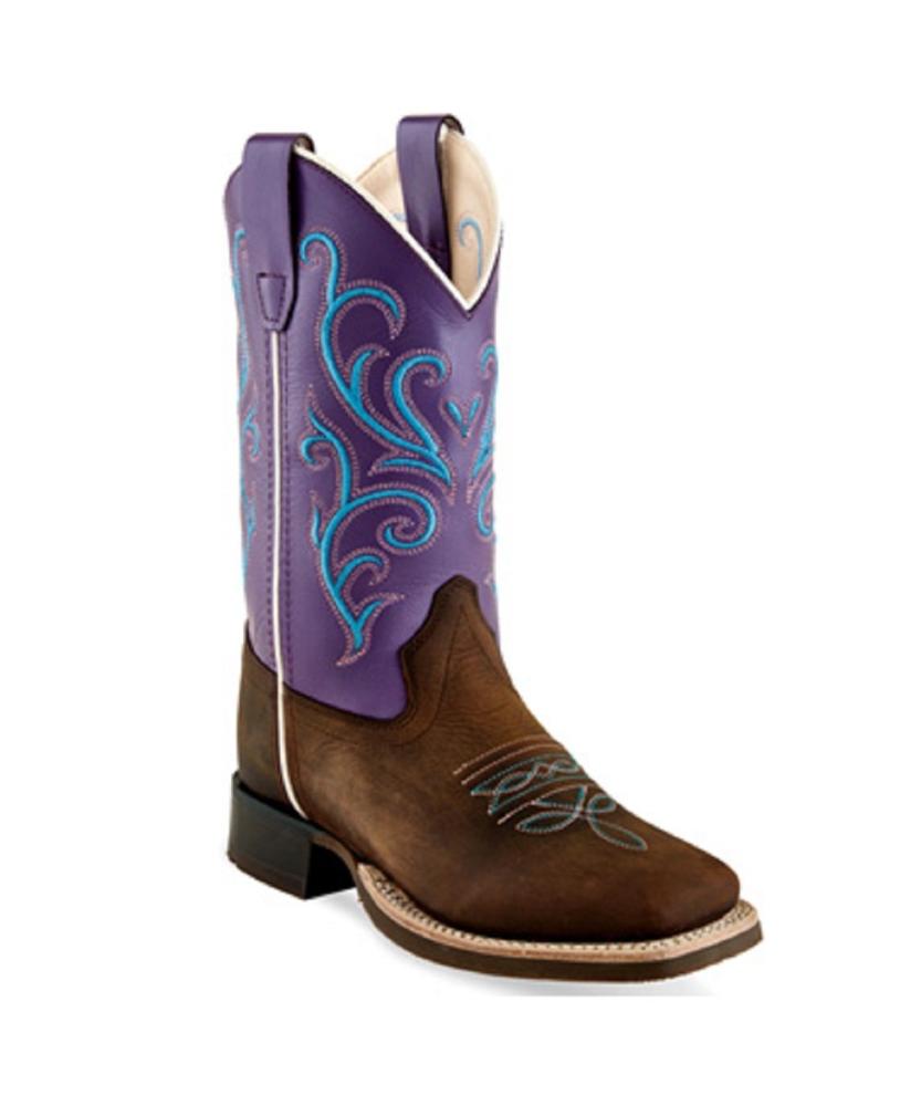 Old West Kids Brown  Purple SquareToe Cowgirl Boots