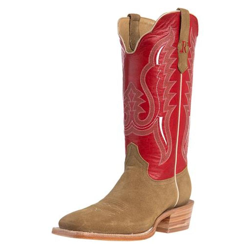 R Watson Sand Roughout 13 Inch Cherry Red Top Leather Sole Mens Cowboy Boot