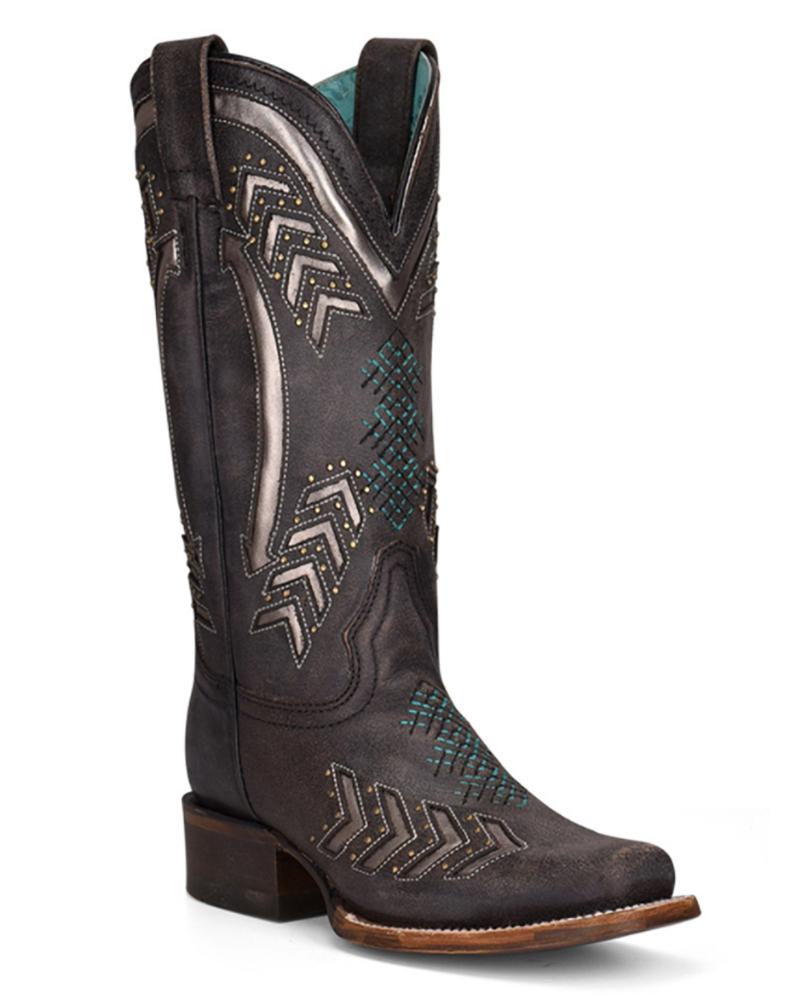 Corral lase Embroidered with Studs Sq Toe Boot