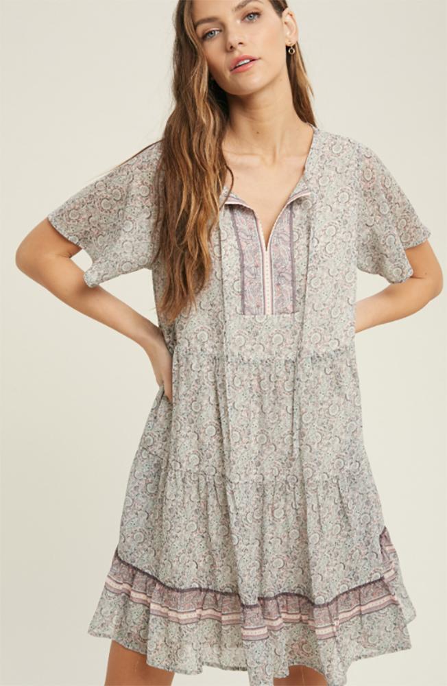 Paisley Tiered Mini Dress with Pockets in Sage
