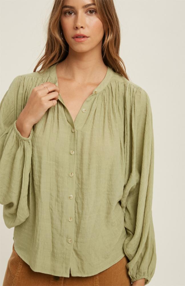 Soft Olive Textured Button Down Blouse