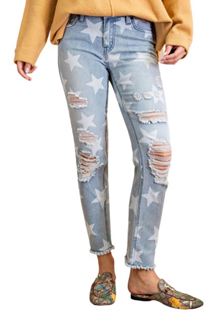 Easel Star Printed Distressed Crop Jean