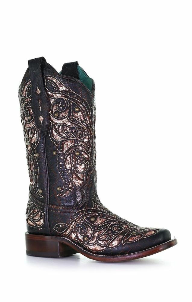 Corral Boots Ladies Embroidered with Studs Honey Square Toe Boots