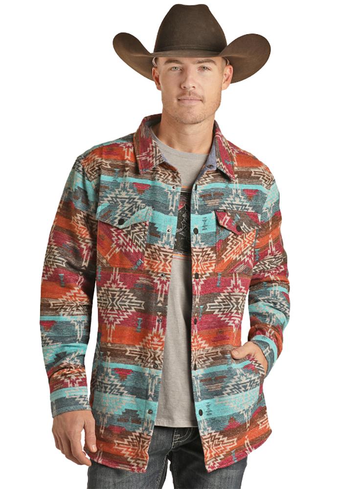 Rock  Roll Cowboy Brushed Aztec Jacquard Mens Shirt Jacket